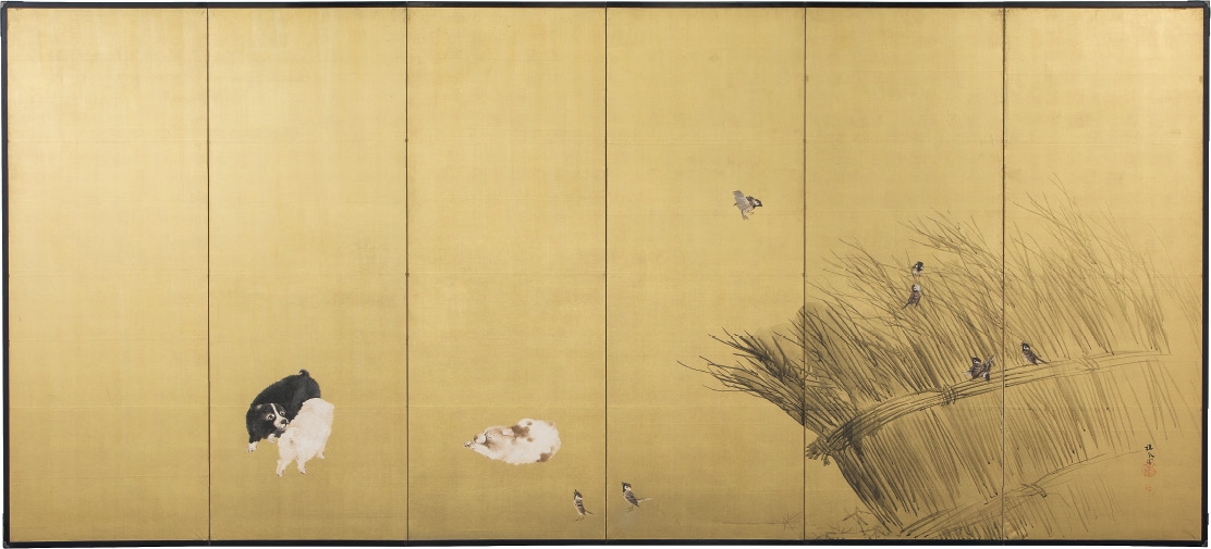 Artwork by Seiho Takeuchi, Three Dogs and Eight Sparrows (6-panel byobu screen), Made of ink and color on golden paper