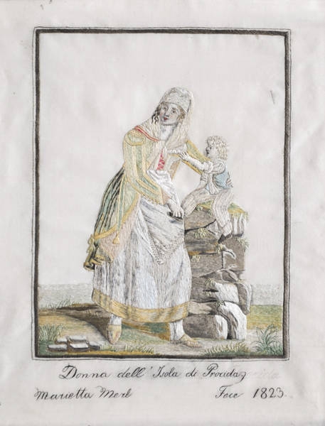 Artwork by Marietta Merl, Two Works: Donna dell’Isola di Procida; Contadino Padolano presso Napoli, Made of Embroidery