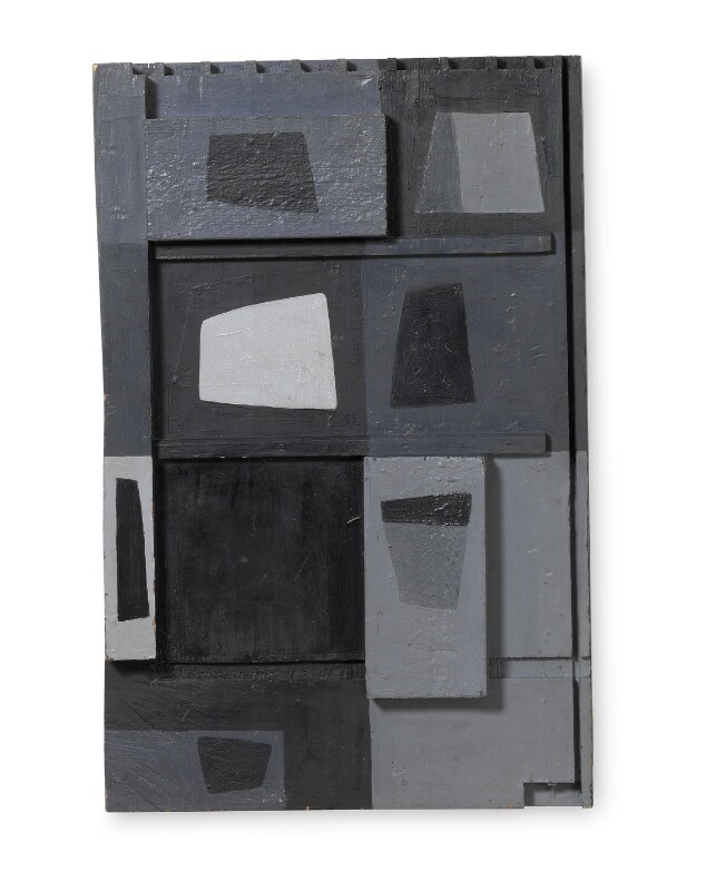 Artwork by Flemming Rosenfalck, “Skæve firkanter i rekler” (Lopsided squares), 1957, Made of Relief  Painted wood