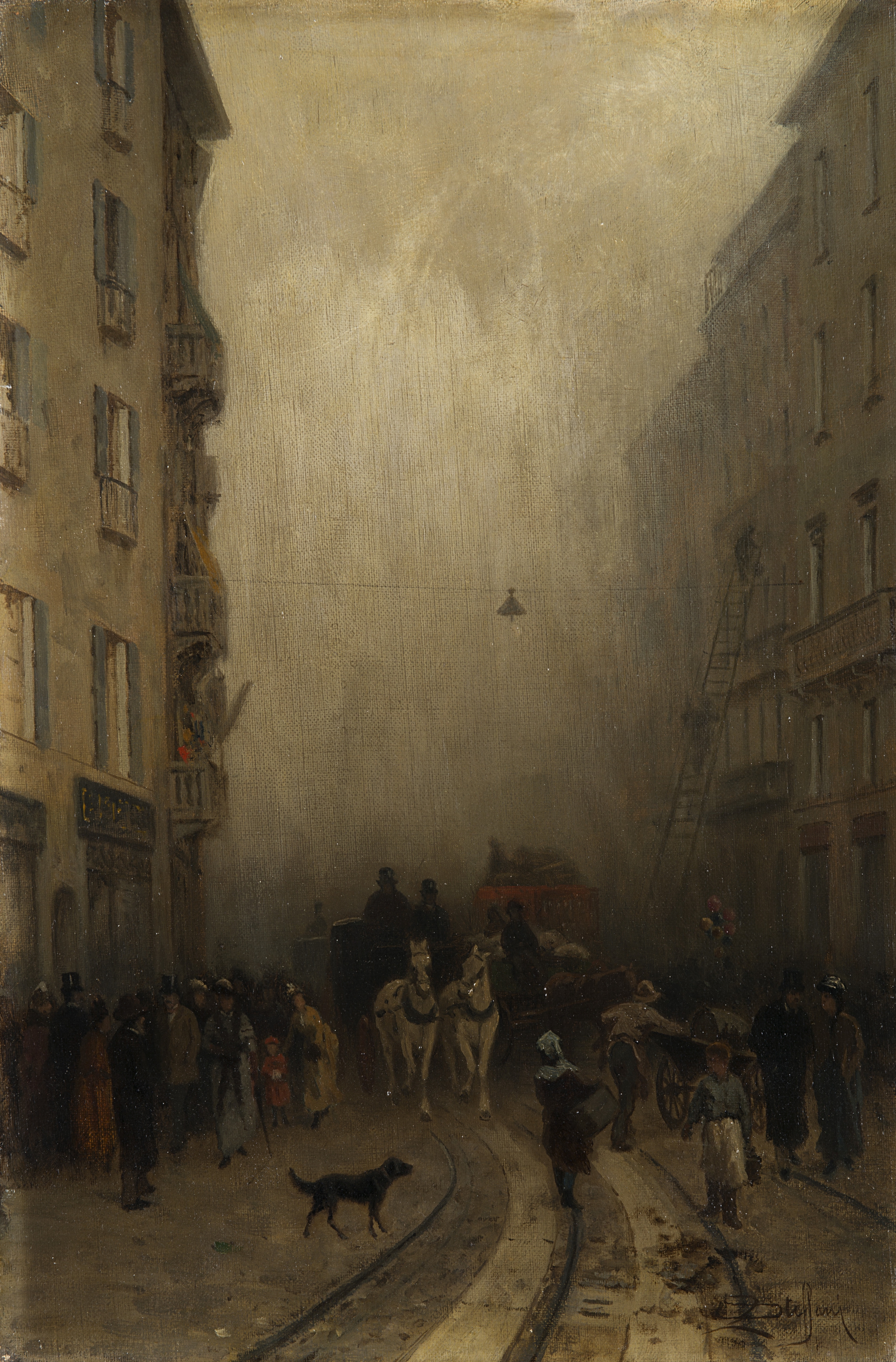 Artwork by Luigi Steffani, L'incendio sul Corso (Nebbia sul Corso), Made of Oil on canvas