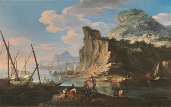 Two works: PAESAGGIO COSTIERO CON ROVINE ANTICHEMARINA CON BARCHE E FIGURE (2) - Jacob de Heusch