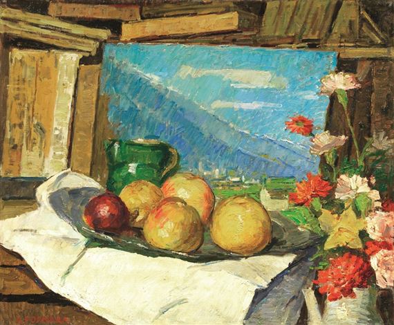 NATURA MORTA CON FRUTTI E FIORI by Carlo Fornara, 1952