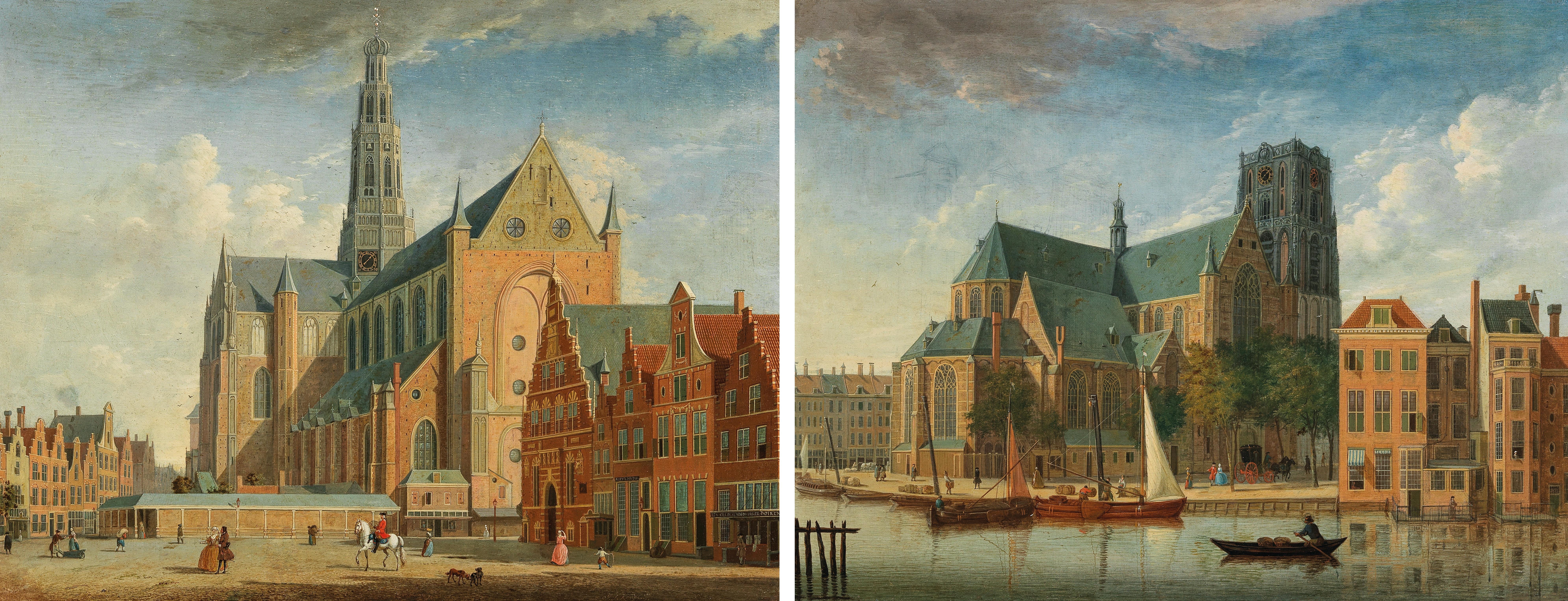 Artwork by Jan ten Compe, The Sint Laurenskerk, Rotterdam, from the Northeast; and The Grote Markt, Haarlem, from the Northwest, Made of oil on panel