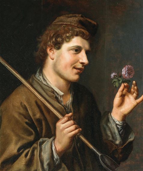 A shepherd holding a staff and a rose by Johannes Baeck