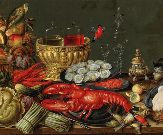 Lobster, oysters, fruit, cheese and a parrot on a kitchen table by Artus Claessens
