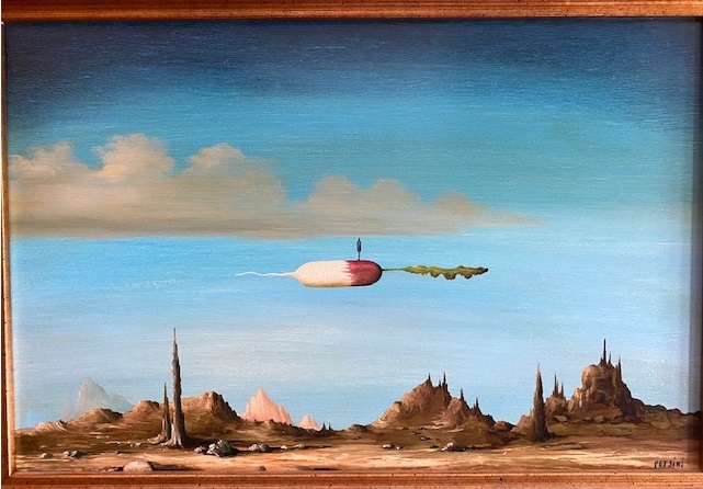 Artwork by Claude Persini, Le radis volant, Made of oil on wooden panel