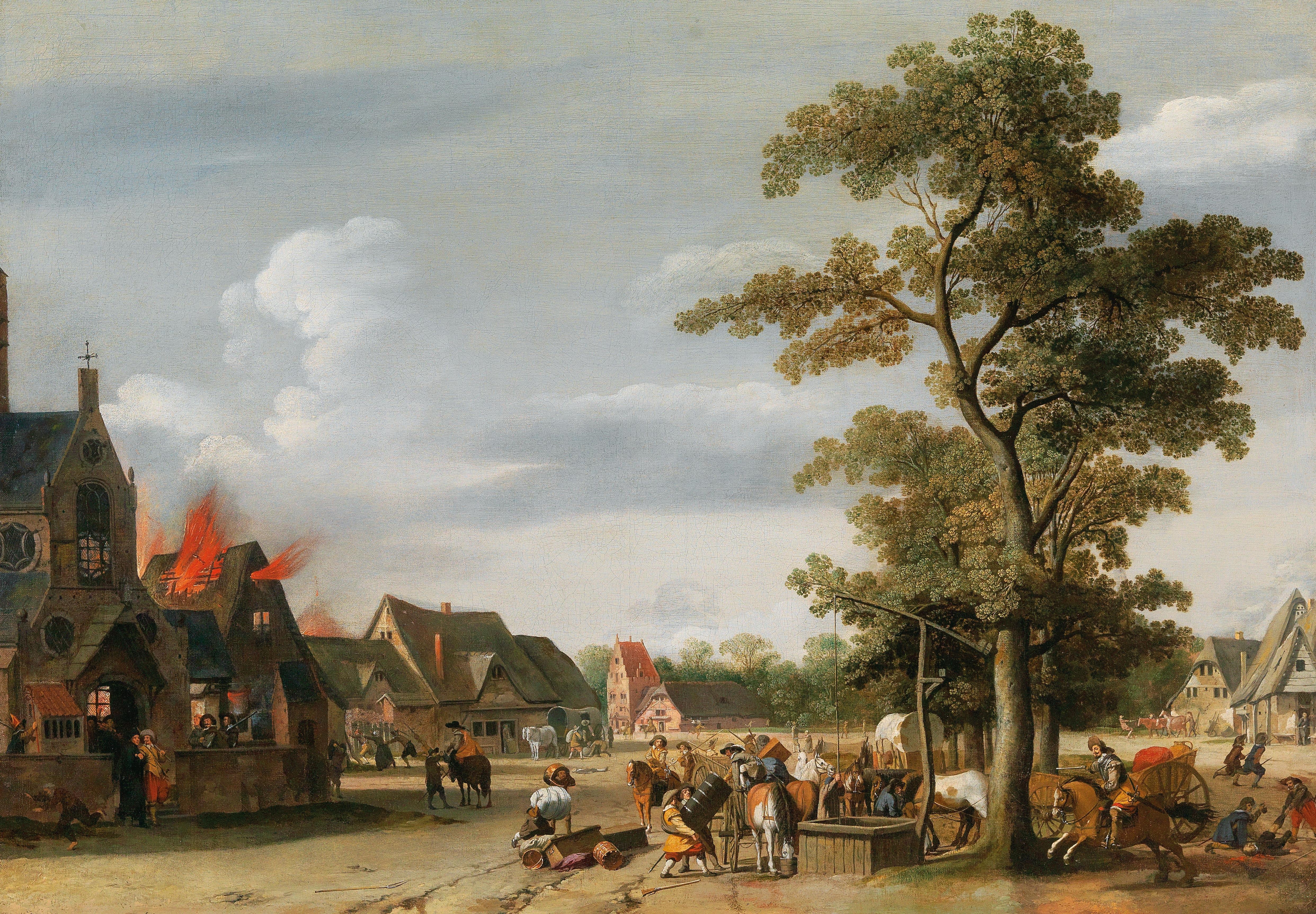 Artwork by Pieter Jansz. Post, Soldiers plundering a village, Made of oil on canvas
