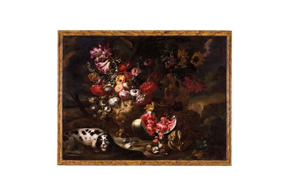 Natura morta raffigurante vaso con fiori istoriati, frutta e un cane by Nicola Casissa