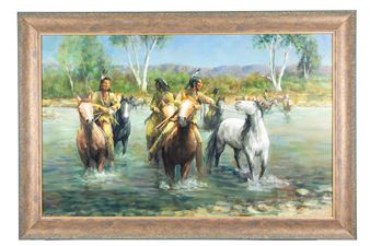 A group of Native Americans crossing a river on horseback - Ron Himler