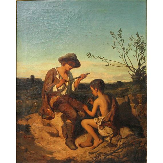 Two shepherd boys with flutes in a rocky, mediterranean landscape by Gustave Brion, 1845