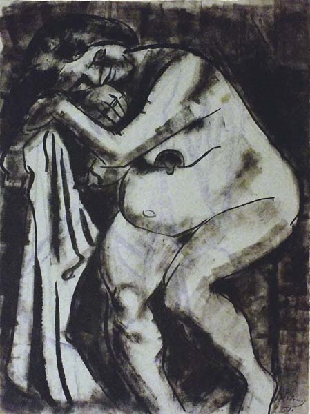 Artwork by Hans Körnig, Sitzender Weiblicher Akt, Made of Drawing, brush, ink, blue crayon