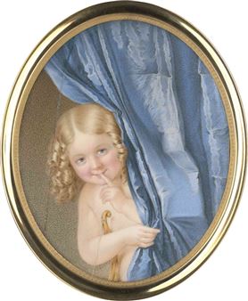 Bildnis eines blondgelockten nackten Kindes als Amor mit Bogen, mit Schweigegeste hinter hellblauem Seidenvorhang hervorspitzend - Franz Thiel