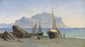 Fischerboote am Strand von Palermo, im Hintergrund der Monte Pellegrino - Alfred Theodor Olsen