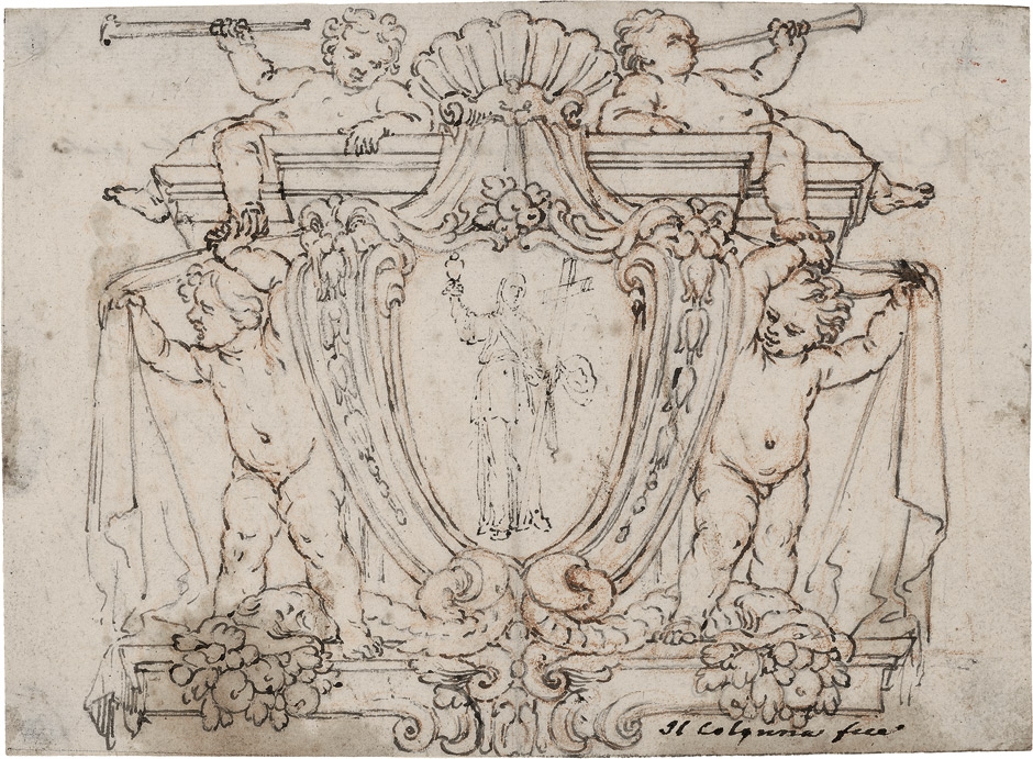 Artwork by Angelo Michele Colonna, Von Putten Umrahmte Kartusche mit der Darstellung der Fides, Made of Brown pen over red chalk and black chalk