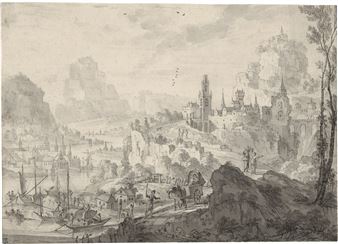 Phantastische Rheinlandschaft mit einer Stadt und Einem Flusshafen - Willem Troost I
