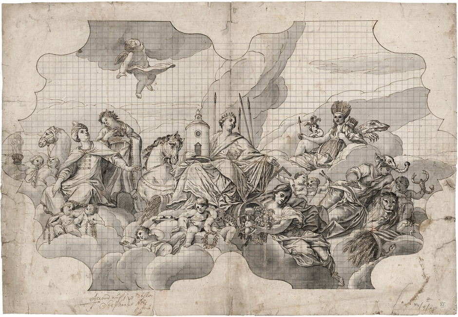 Artwork by German School, 18th Century, Deckenentwurf mit den Personifikationen der vier Erdteile, Made of Pen in brown, washed in gray, squared