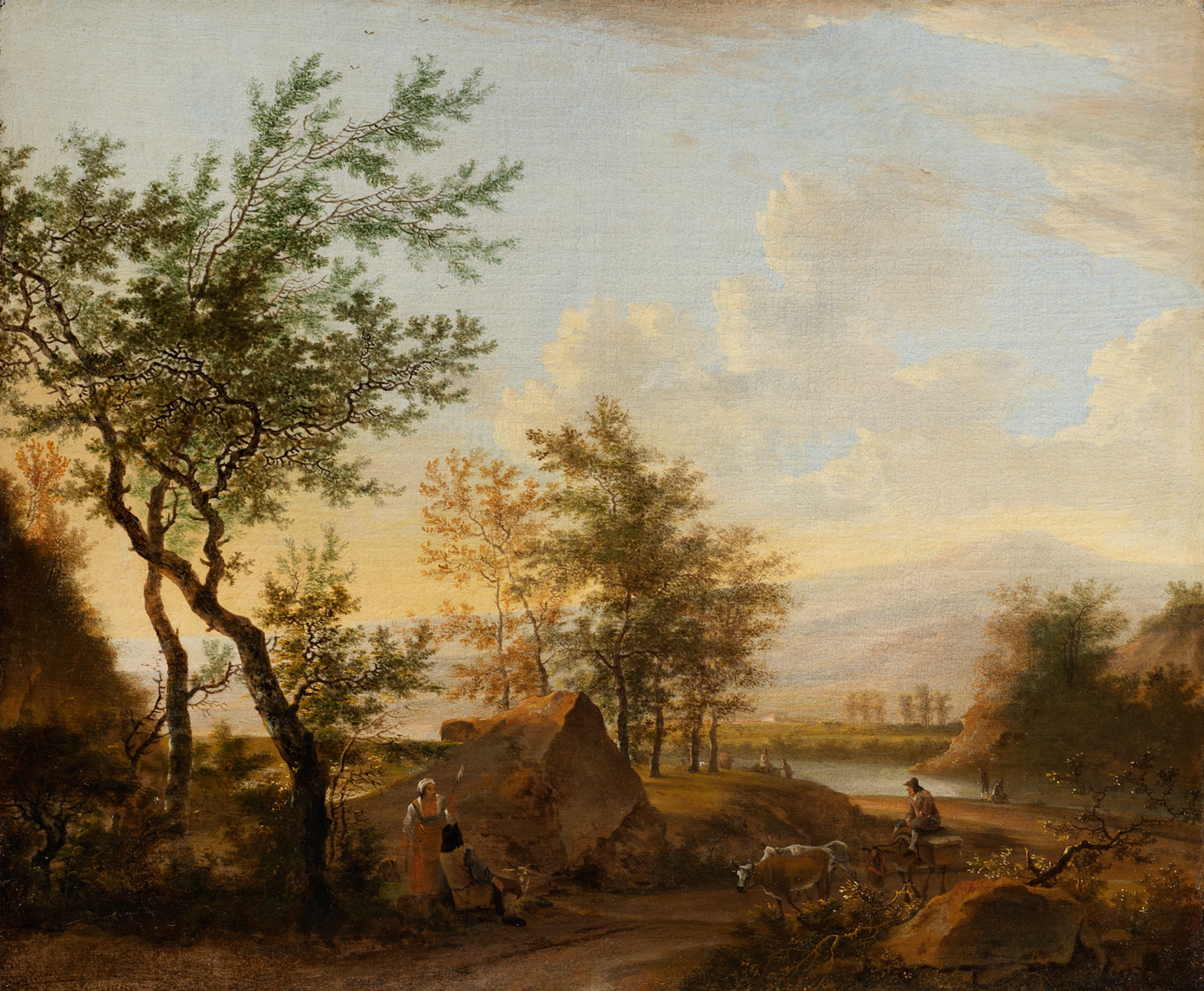Artwork by Willem de Heusch, A pastoral landsacape with peasants and cattle at dusk, Made of painting