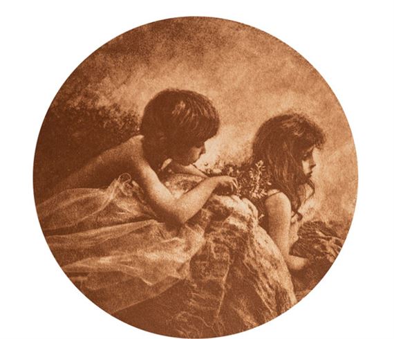 A sepia-toned circular composition of two figures resting on a rocky outcrop.