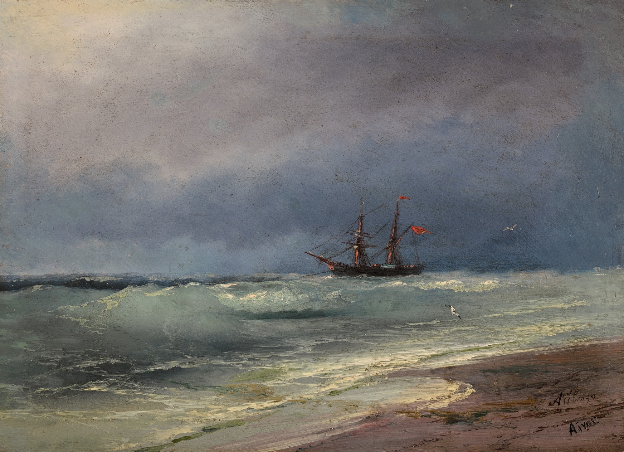 Artwork by Ivan Aivazovsky, SAILING SHIP ON A STORMY DAY, Made of oil on panel