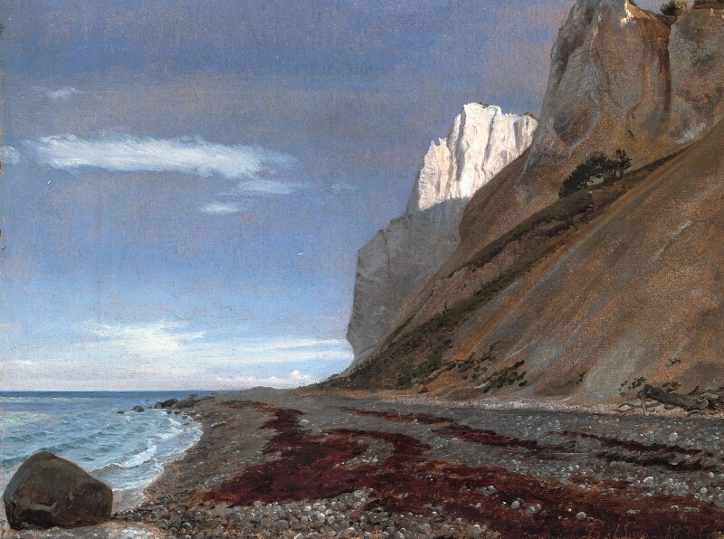 Artwork by Peter Christian Thamsen Skovgaard, View towards Møns Klint (the cliffs of Møn) with 'Taleren' seen from the beach just below 'Sommerspiret', Made of Oil on paper laid on canvas