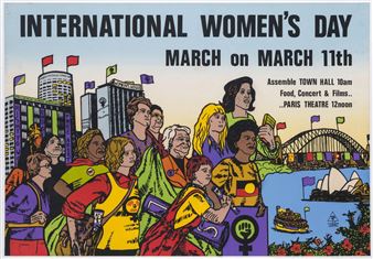 A vibrant poster celebrating International Women's Day with a diverse group of illustrated figures against a city skyline.