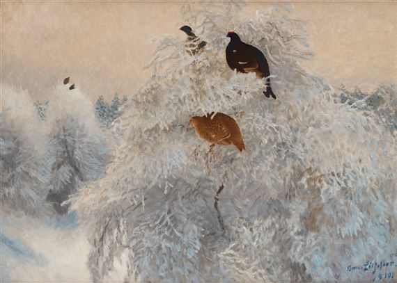 Winter landscape with black grouse in tree tops by Bruno Liljefors, dated 1910
