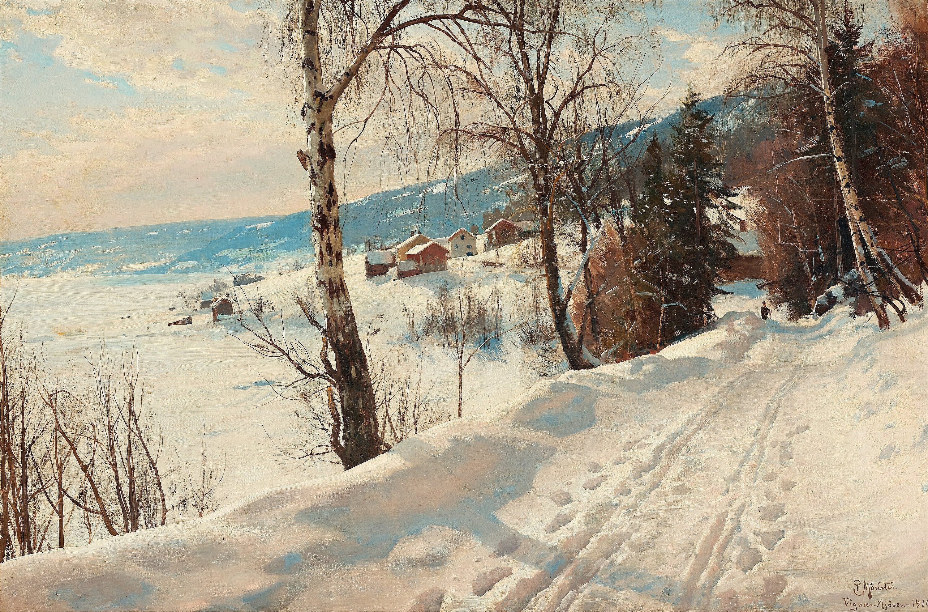 Artwork by Peder Mork Monsted, Winterscene from Vignaes, Made of Oil on canvas