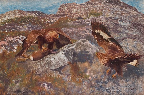 Golden eagles attacking a hare by Bruno Liljefors, dated 1912