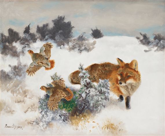 Fox and grouse in a winter landscape