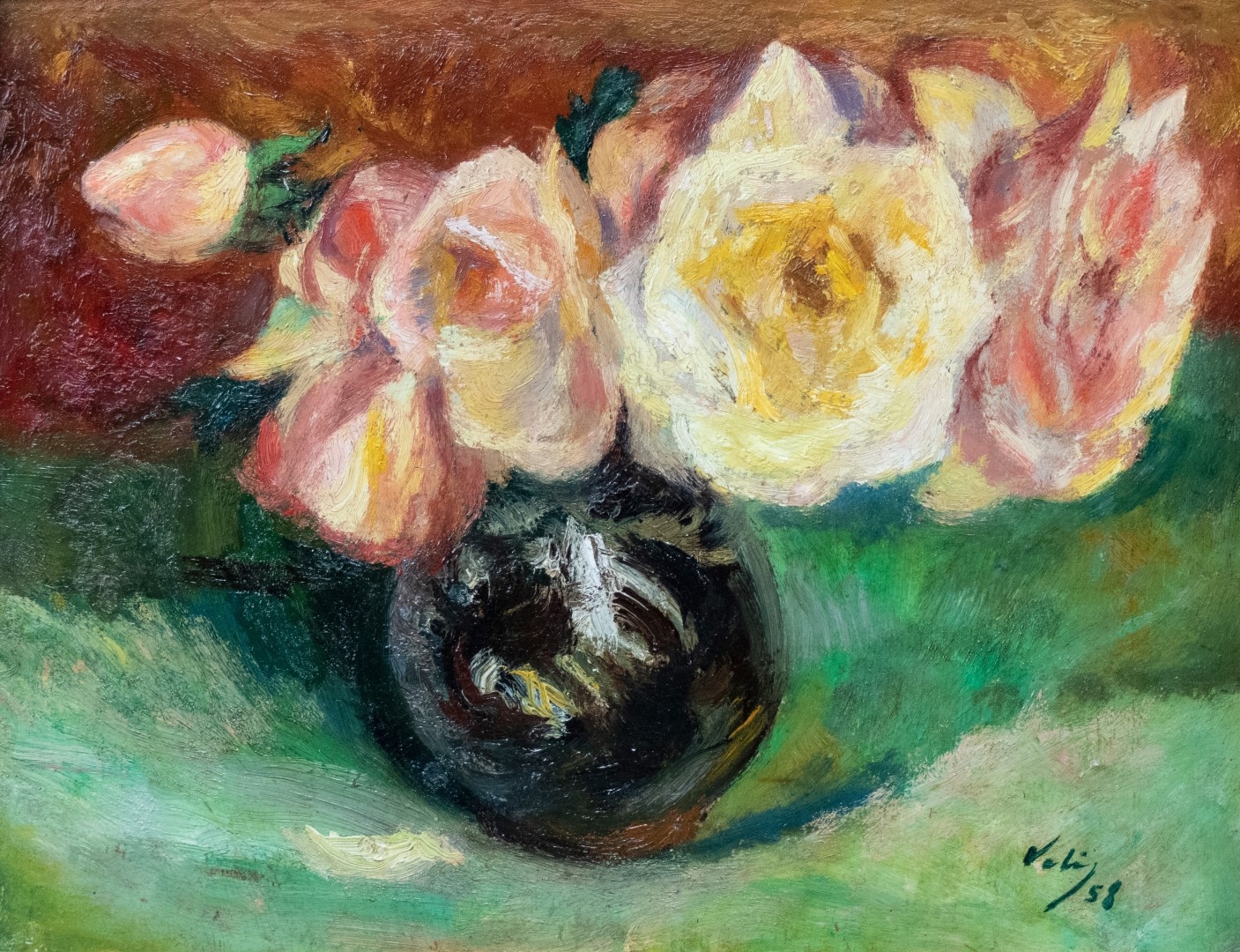 Artwork by Vasile Velisaratu, Roses in Pot, Made of oil on cardboard