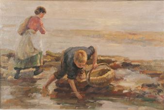 Beach scene with a young boy and lady gathering clams - V. Rayland