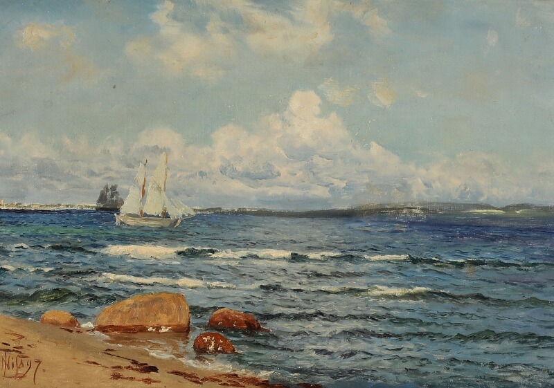 “Frisk Sommerdag ved Lillebælt (I Baggrunden Wedelsborg Skove)” by Thorvald Simon Niss, dated 1897