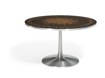 A circular table with aluminium base, lacquered top decorated with black, brown and gilded ornaments - Susanne Fjeldsoe Mygge