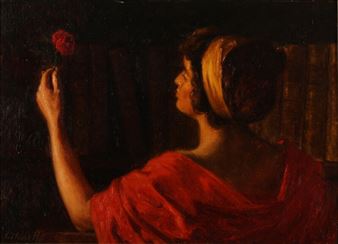 Interior with a young woman holding a rose - Cilius Andersen