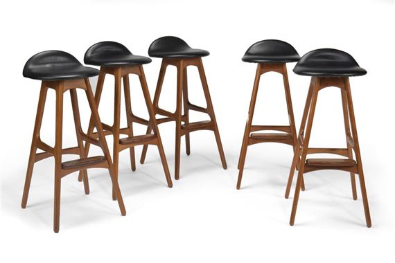 Five Teak And Leather Bar Stools, 1970 Leather Bar Stools