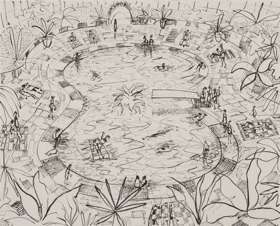 A black-and-white sketch of a crowded pool scene viewed from above, filled with people swimming and lounging.