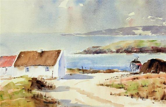 A watercolor seascape of a coastal village with thatched-roof cottages overlooking the sea.