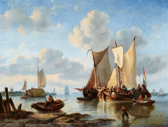 Fishing cutter near the coast with returning fishermen by Georg Willem Opdenhoff