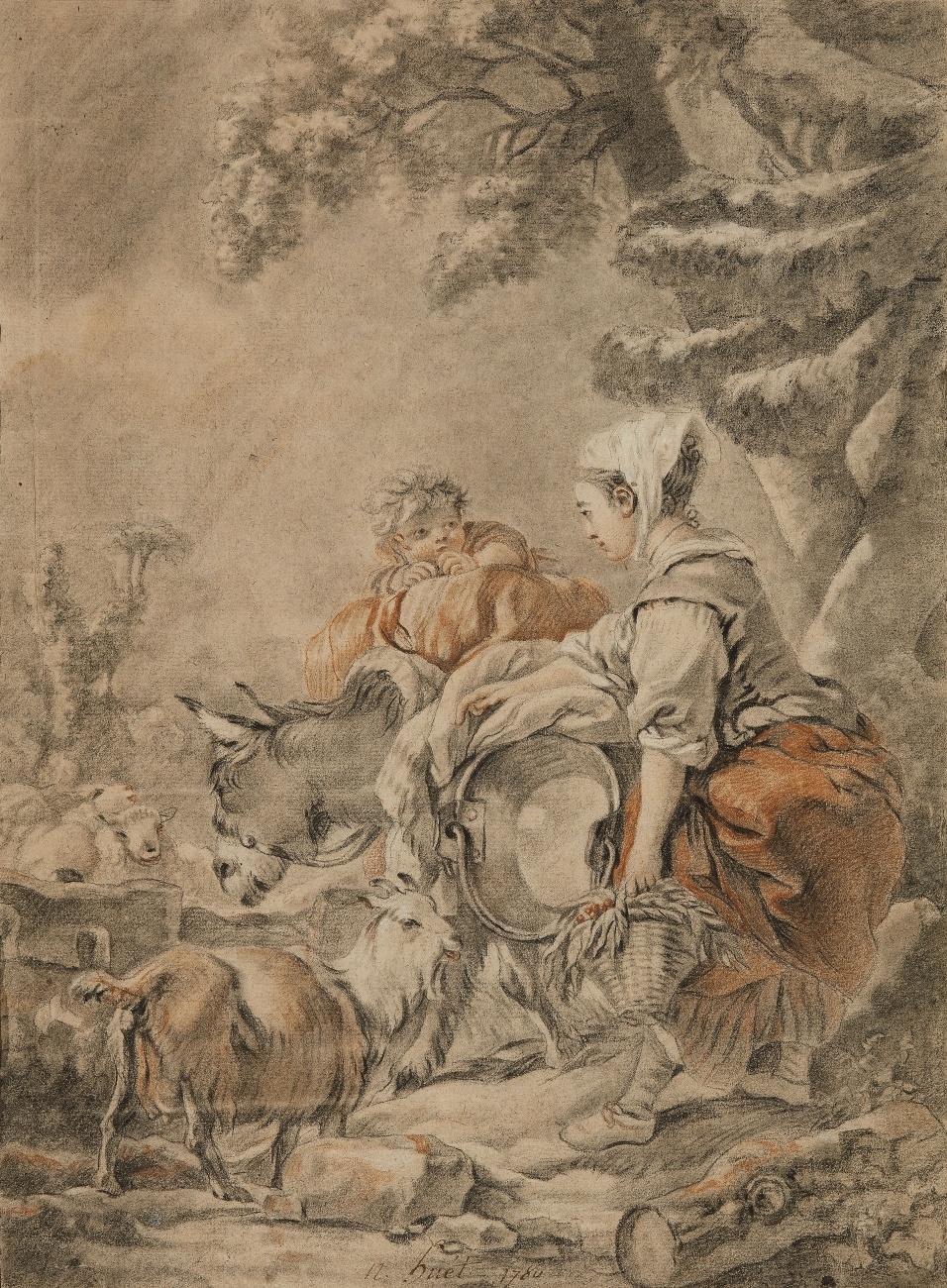 Artwork by Nicolas Huet the Elder, Shepherdess with Goats and a Donkey, Made of Black, red, and white chalk on paper