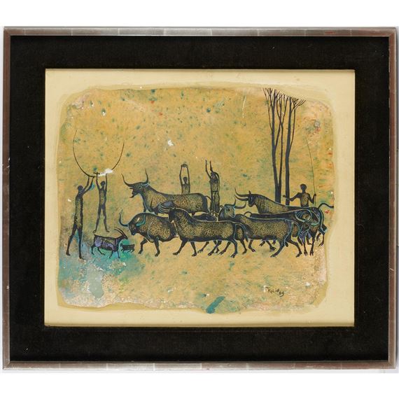 Figures Herding Bulls by Khalid Al Rahal, 1963