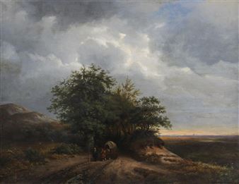 A wooded hilly landscapt with a peasant and a hooded-cart on a track at sunset - Constantinus Cornelis Huysmans