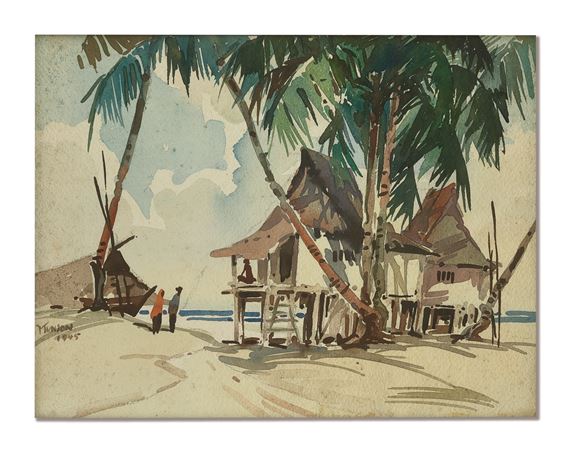 KAMPONG AND FISHERMEN by Yong Mun Sen, dated 1945