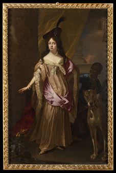 Portrait of a lady with a moor servant and a dog - Salomone Adler