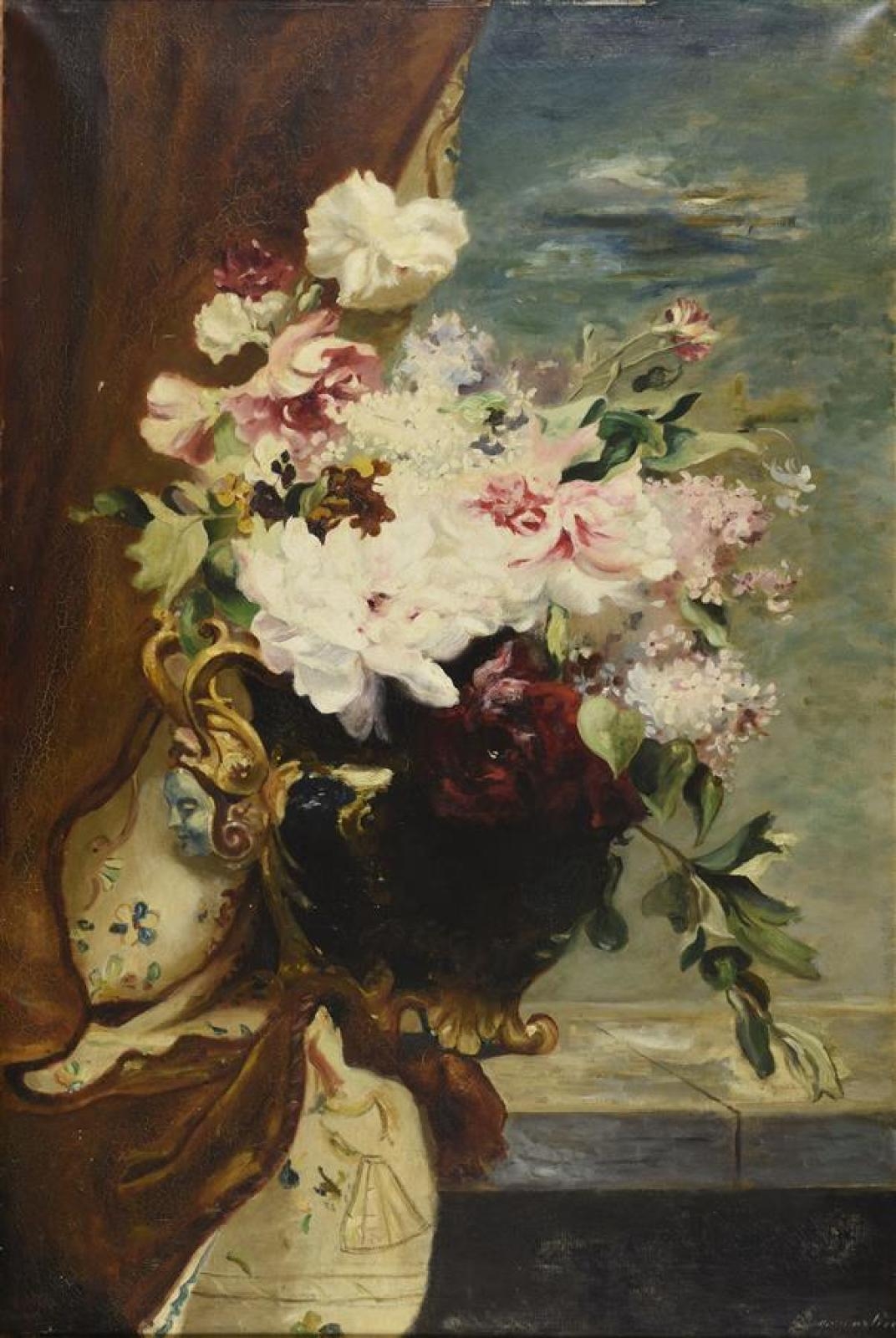 Artwork by Jean Seignemartin, Bouquet de fleurs dans un vase polychrome sur une dalle, Made of Oil on canvas