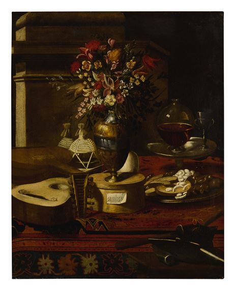 STILL LIFE OF A VASE OF FLOWERS, MUSICAL INSTRUMENTS, TWO FLASKS, A DISH WITH SWEETS AND OTHER OBJECTS ON A TABLE by Pier Francesco Cittadini