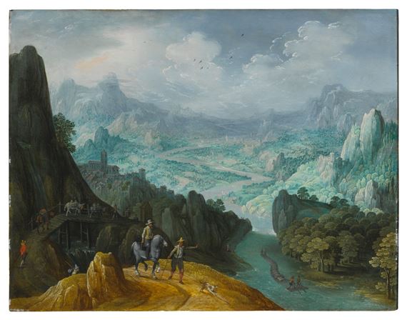 MOUNTAINOUS RIVER LANDSCAPE WITH TRAVELERS by Tobias Verhaecht