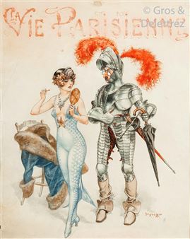 Chevalier et sirène - Les apprêts du bal (Projet pour La Vie parisienne du 7 mars 1931) - Chéri Hérouard
