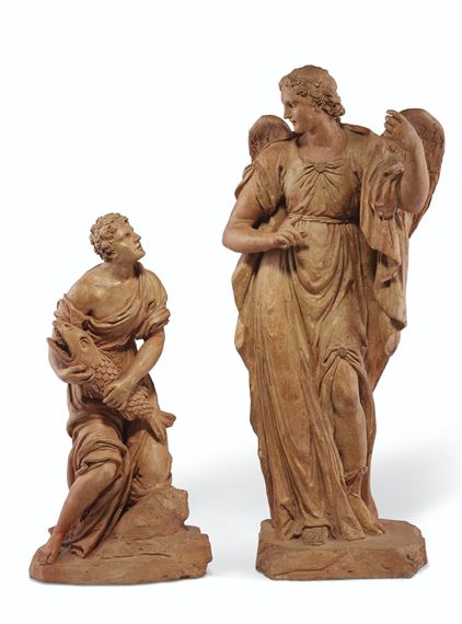 TWO TERRACOTTA FIGURES OF TOBIAS AND THE ANGEL by Italian School, 18th Century
