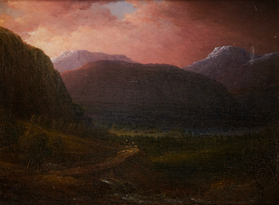 Bergslandskap med herdar och får på landsväg by Carl Johan Fahlcrantz, 1840