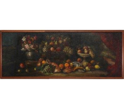 Großes Küchenstillleben mit Blumen, Früchten u. Fischen, im Arrangement mit versch. Gefäßen by German School, 18th Century